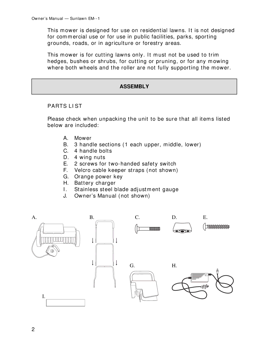 Sun Lawn EM-1 owner manual Assembly, Parts List 