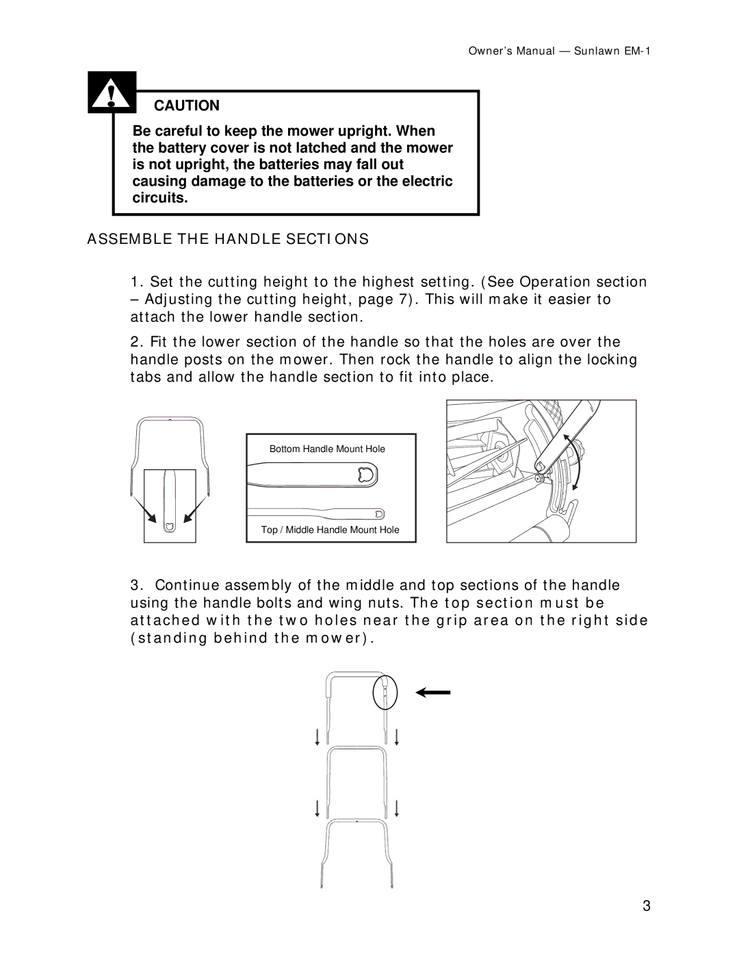 Sun Lawn EM-1 owner manual Assemble the Handle Sections 