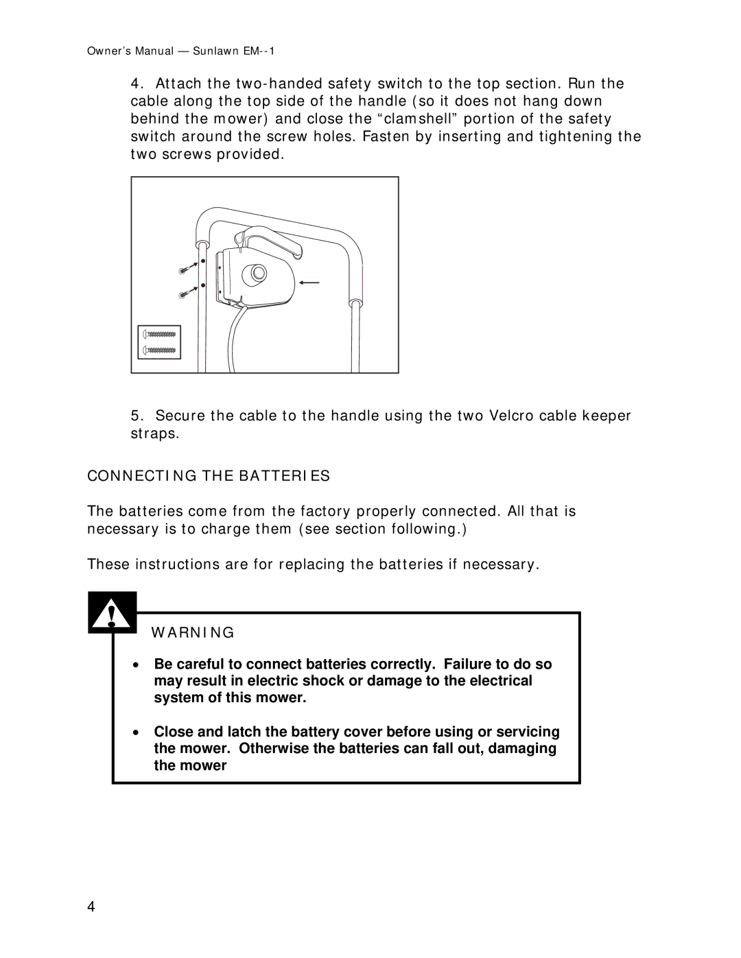 Sun Lawn EM-1 owner manual Connecting the Batteries 