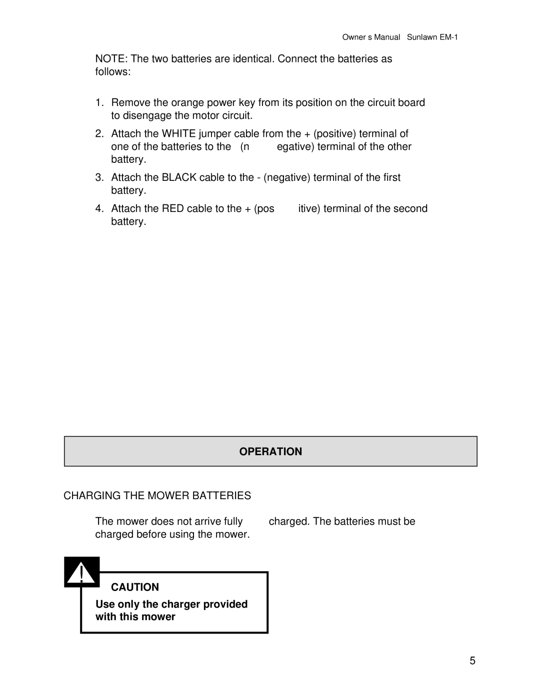 Sun Lawn EM-1 owner manual Operation, Charging the Mower Batteries 