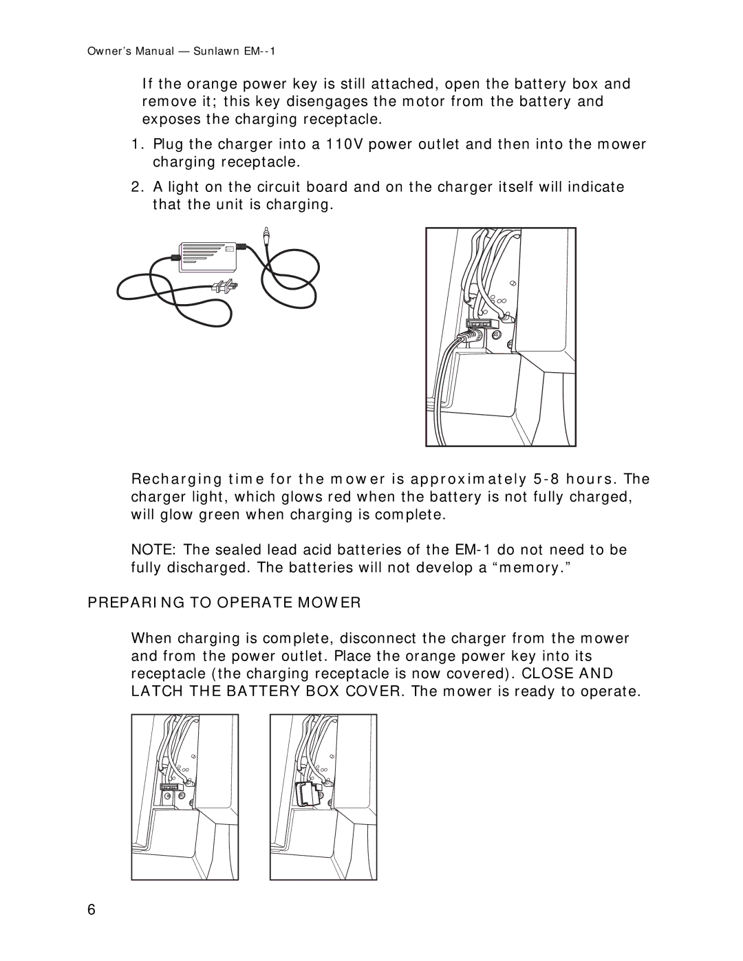 Sun Lawn EM-1 owner manual Preparing to Operate Mower 