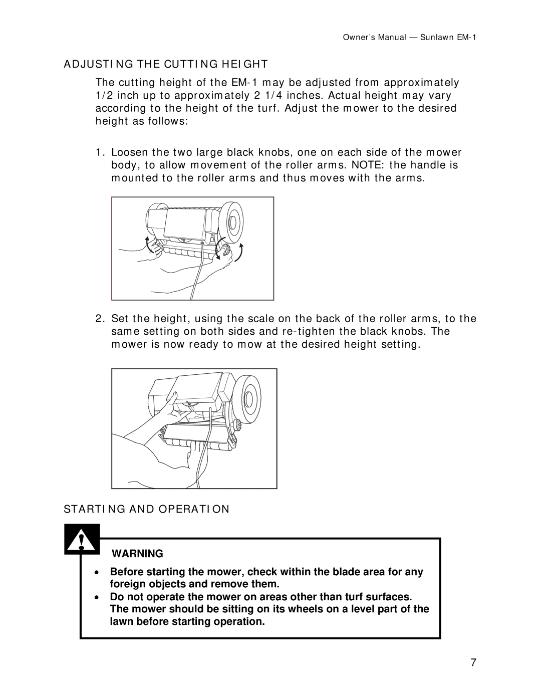 Sun Lawn EM-1 owner manual Adjusting the Cutting Height, Starting and Operation 