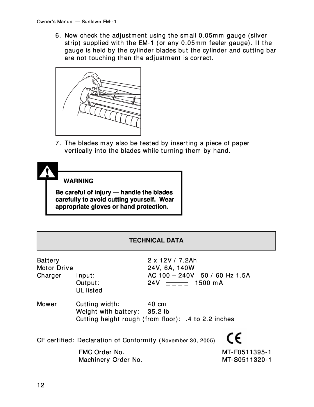 Sun Lawn EM-1 owner manual Technical Data 