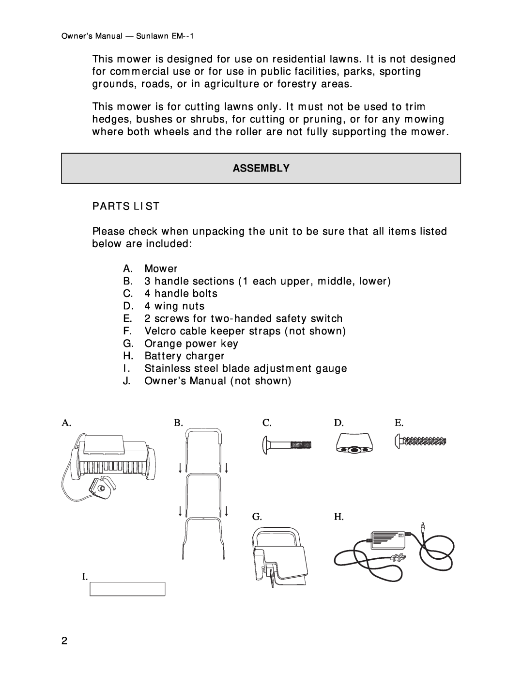 Sun Lawn EM-1 owner manual Parts List, Assembly 