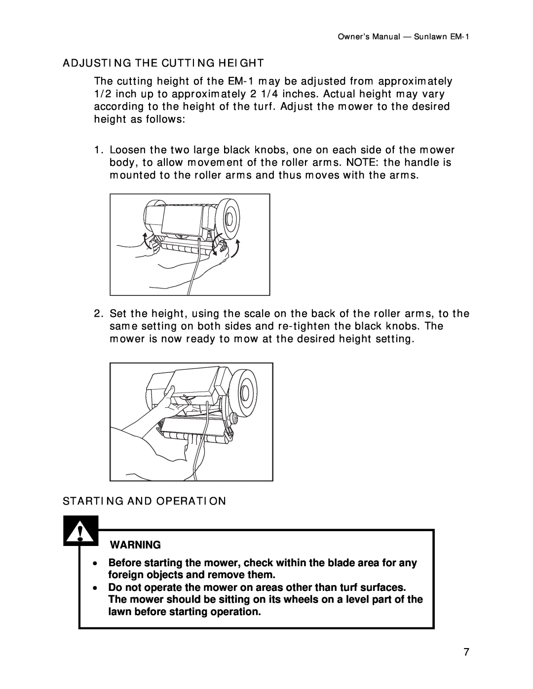 Sun Lawn EM-1 owner manual Adjusting The Cutting Height, Starting And Operation 