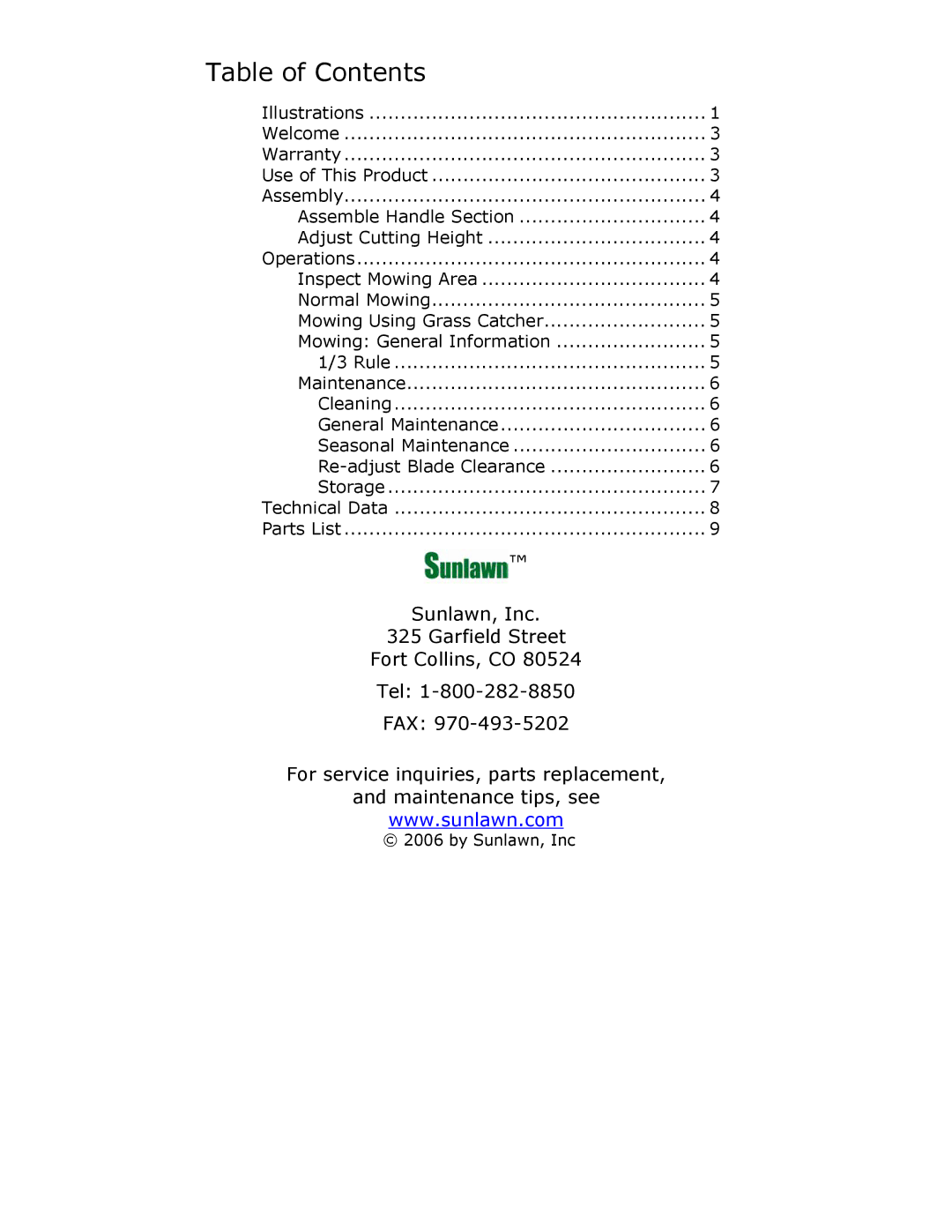 Sun Lawn LMM owner manual Table of Contents 