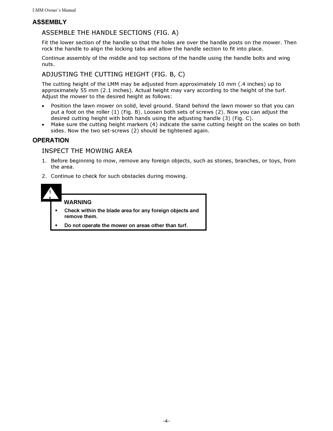 Sun Lawn LMM owner manual Assembly, Assemble the Handle Sections FIG. a, Adjusting the Cutting Height FIG. B, C, Operation 