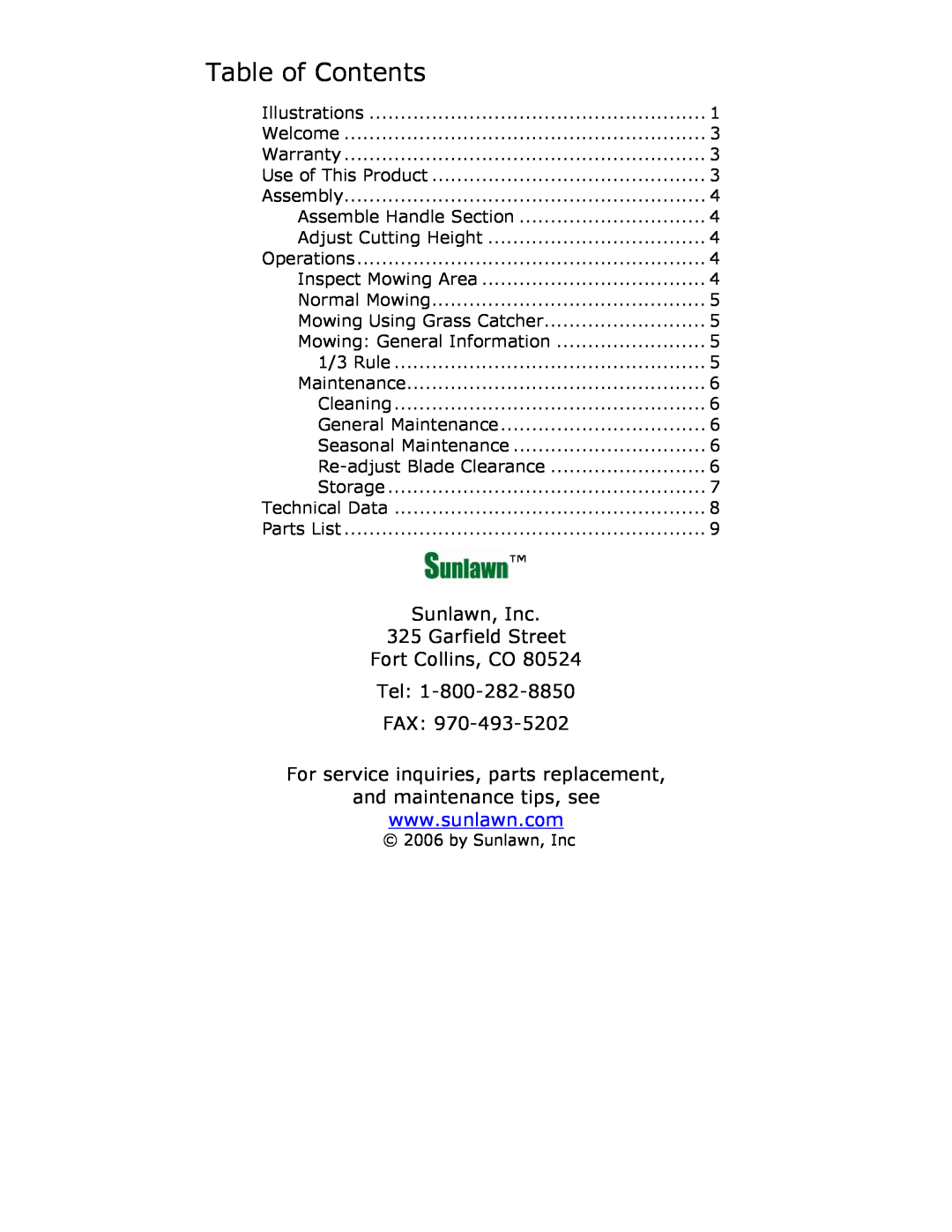 Sun Lawn LMM owner manual Table of Contents, Sunlawn, Inc 325 Garfield Street Fort Collins, CO Tel FAX 
