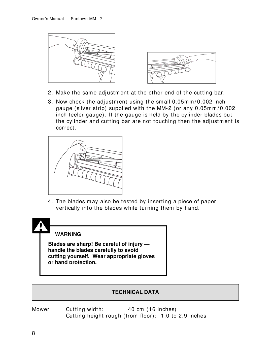 Sun Lawn MM-2 owner manual Technical Data 