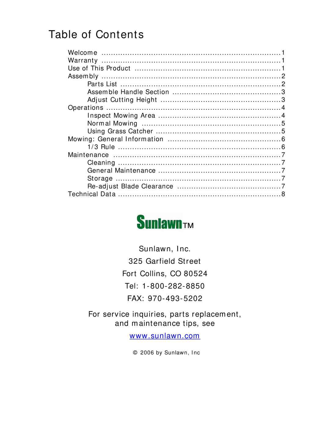 Sun Lawn MM-2 owner manual Table of Contents 