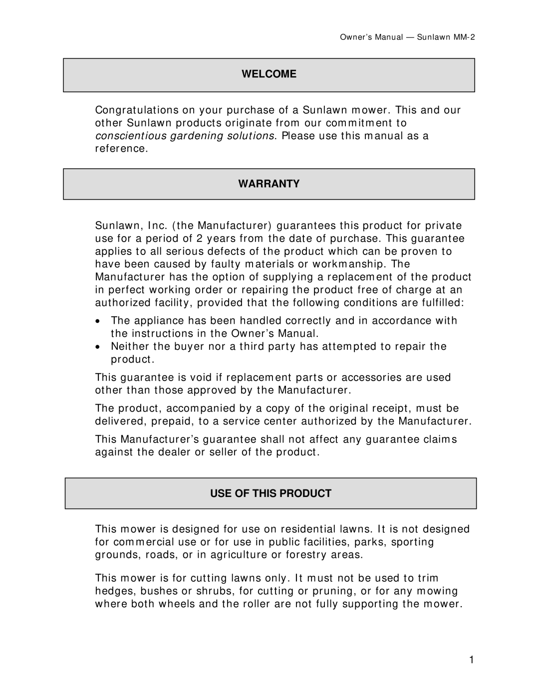 Sun Lawn MM-2 owner manual Welcome 