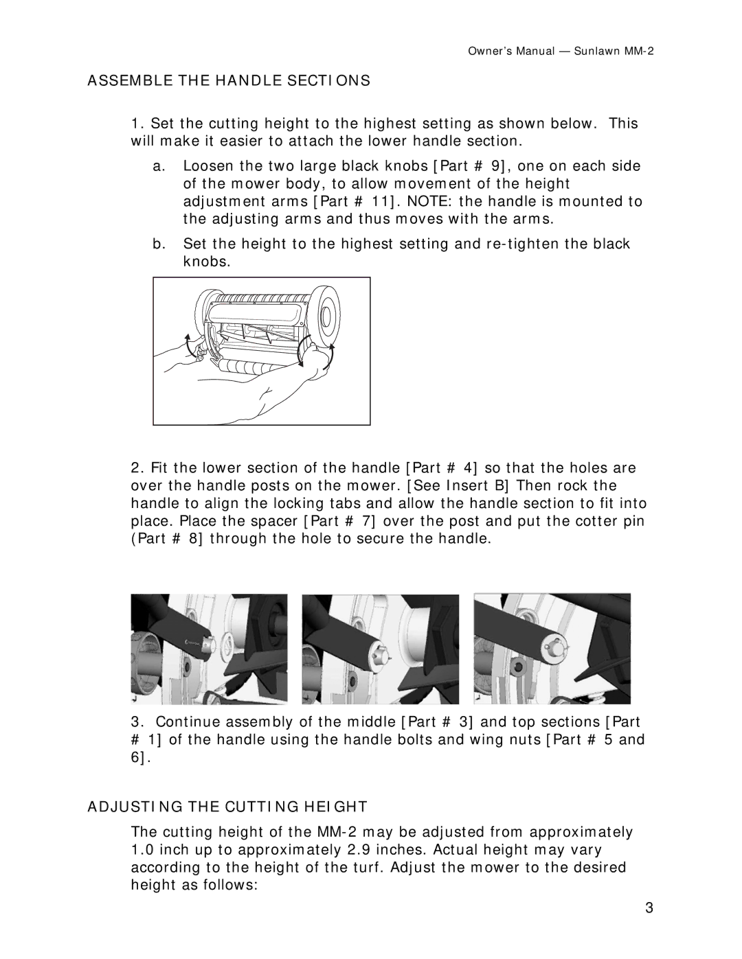 Sun Lawn MM-2 owner manual Assemble the Handle Sections, Adjusting the Cutting Height 