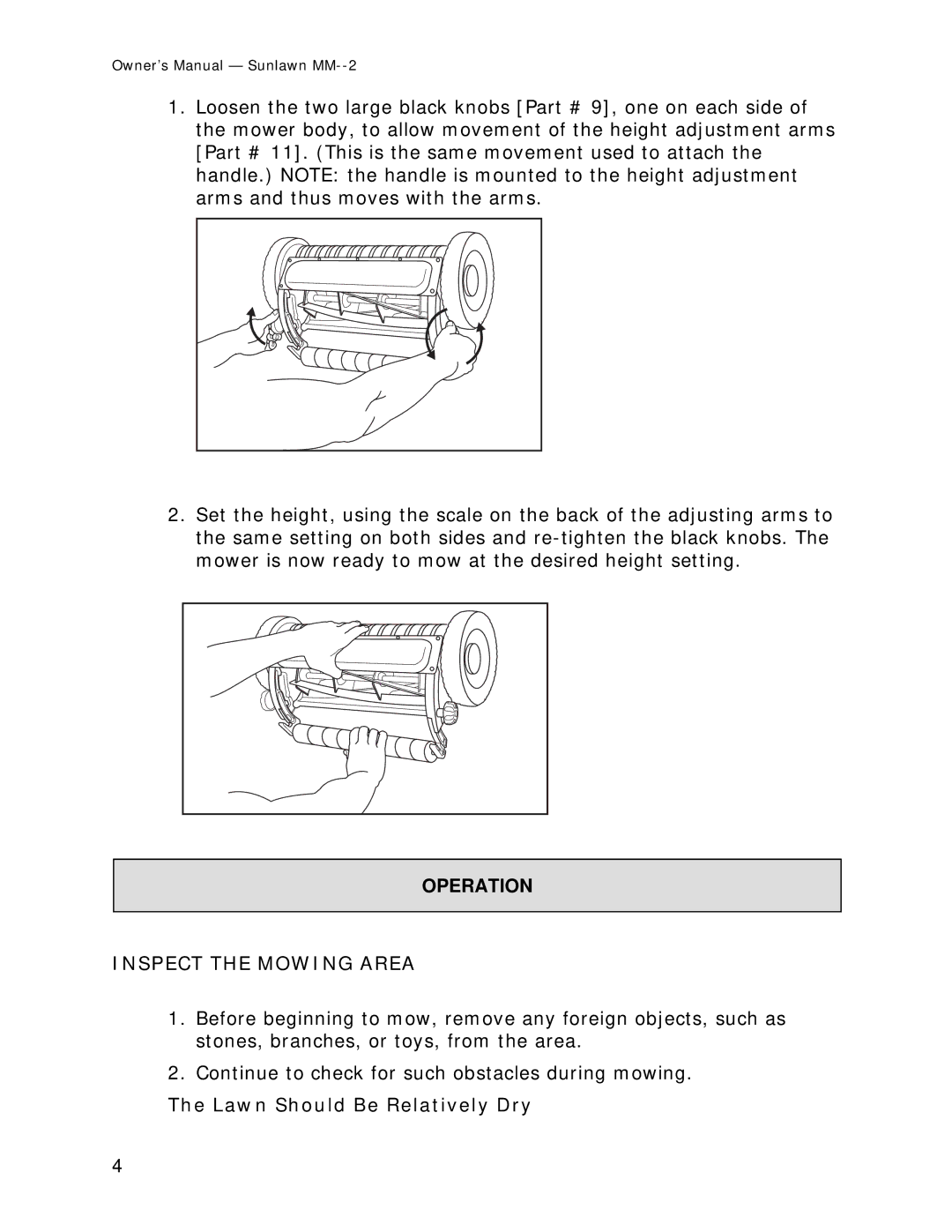 Sun Lawn MM-2 owner manual Inspect the Mowing Area, Lawn Should Be Relatively Dry 