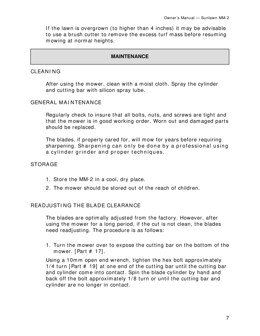 Sun Lawn MM-2 owner manual Cleaning, General Maintenance, Storage, Readjusting the Blade Clearance 