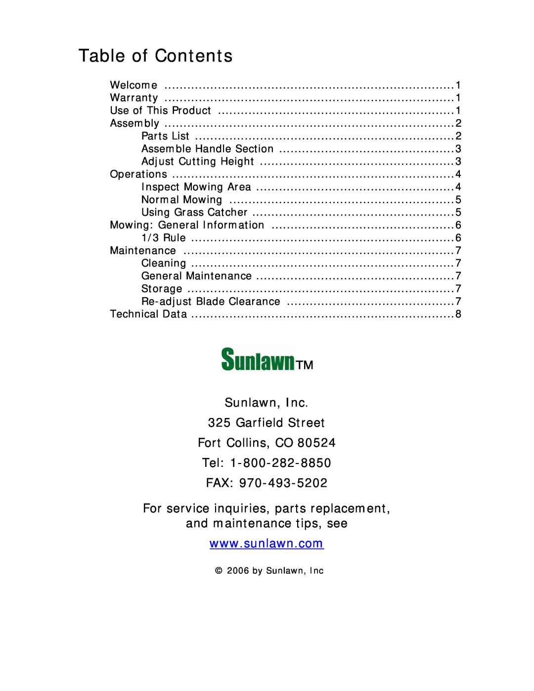 Sun Lawn MM-2 owner manual Table of Contents, Sunlawn, Inc 325 Garfield Street Fort Collins, CO Tel FAX 