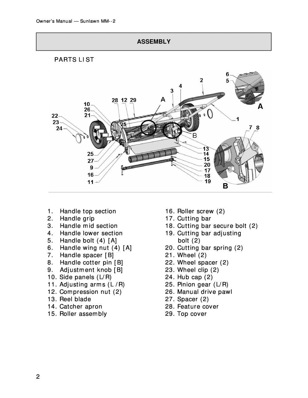 Sun Lawn MM-2 owner manual Parts List, Assembly 