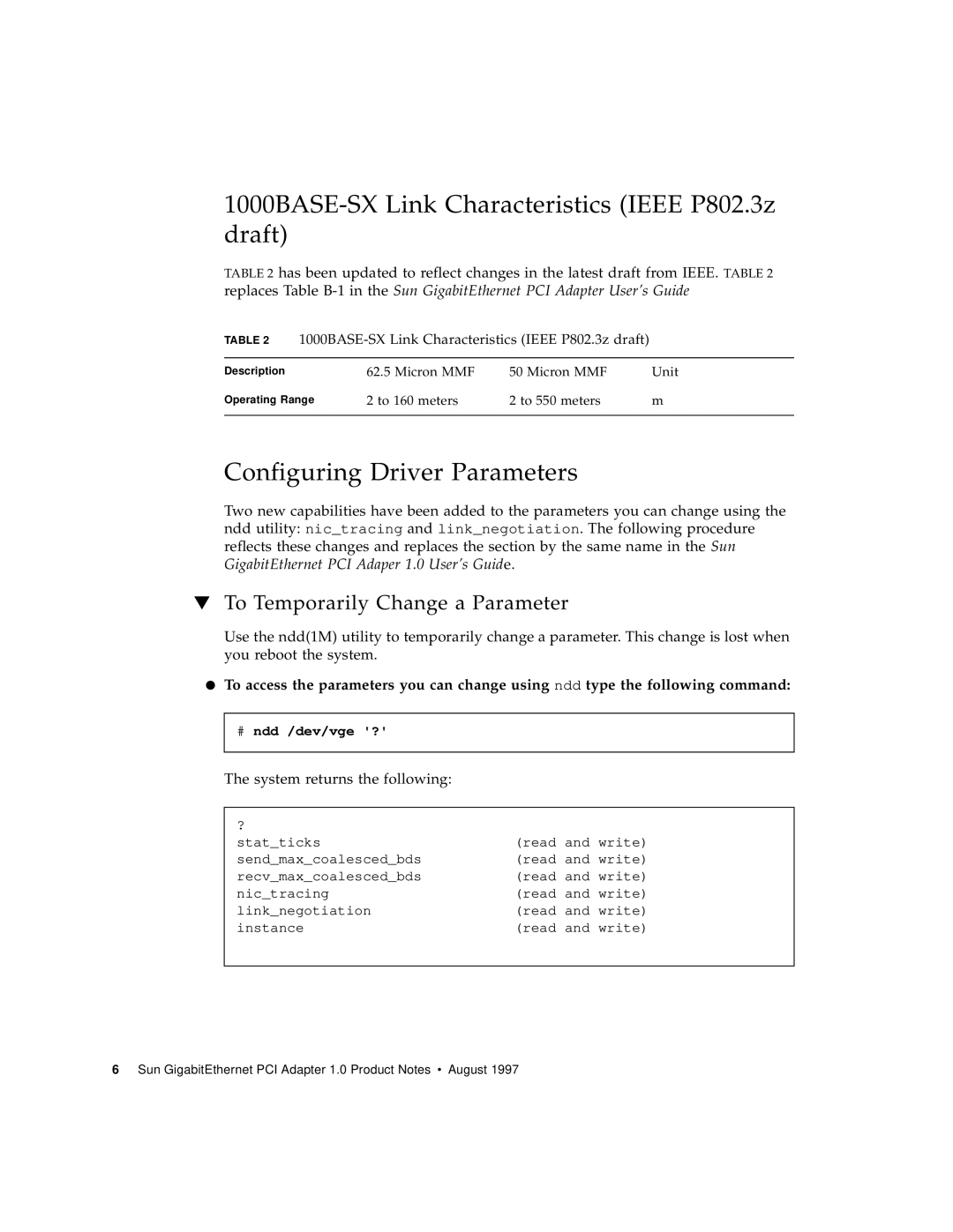 Sun Microsystems manual 1000BASE-SX Link Characteristics IEEE P802.3z draft, Configuring Driver Parameters 