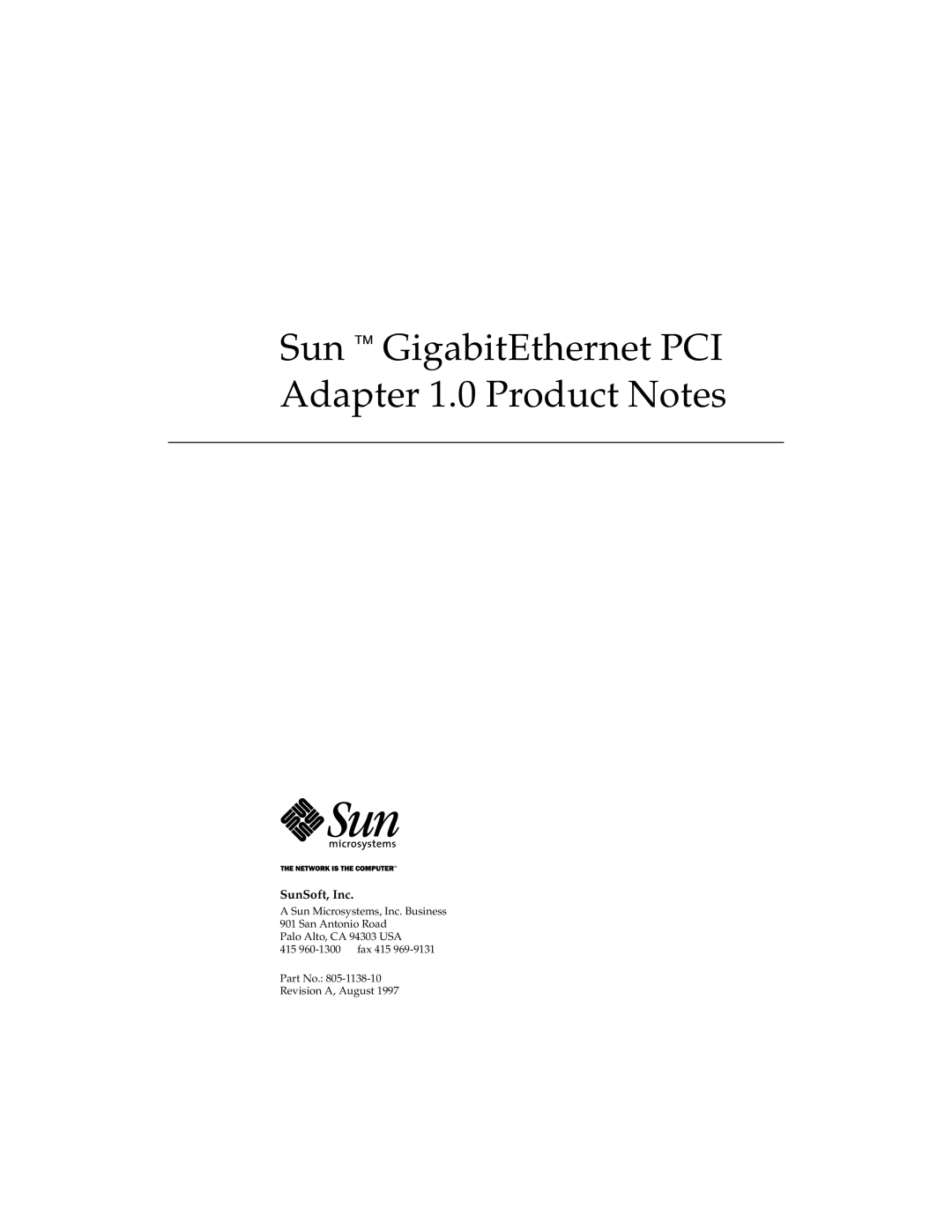 Sun Microsystems manual Sun GigabitEthernet PCI Adapter 1.0 Product Notes 