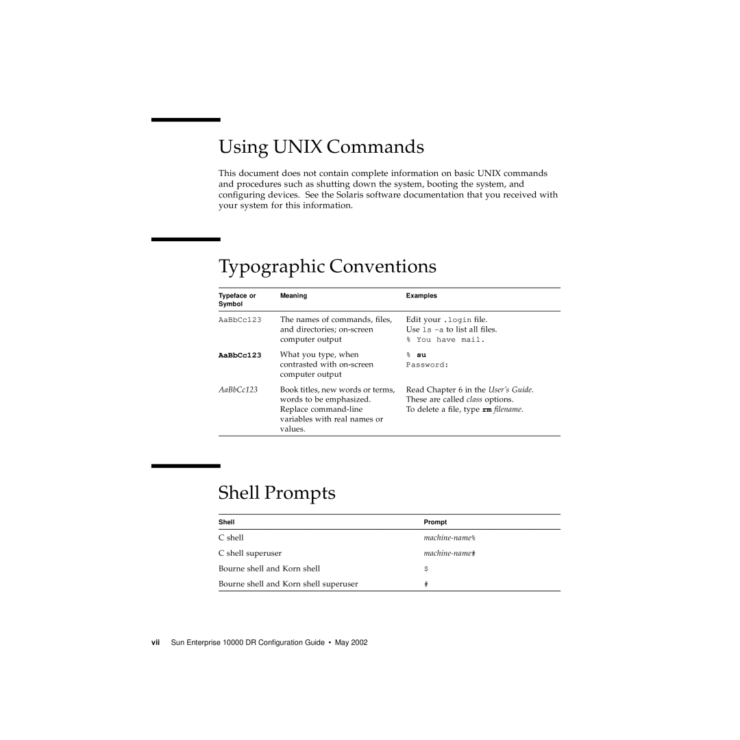 Sun Microsystems 10000 manual Using Unix Commands, Typographic Conventions, Shell Prompts 