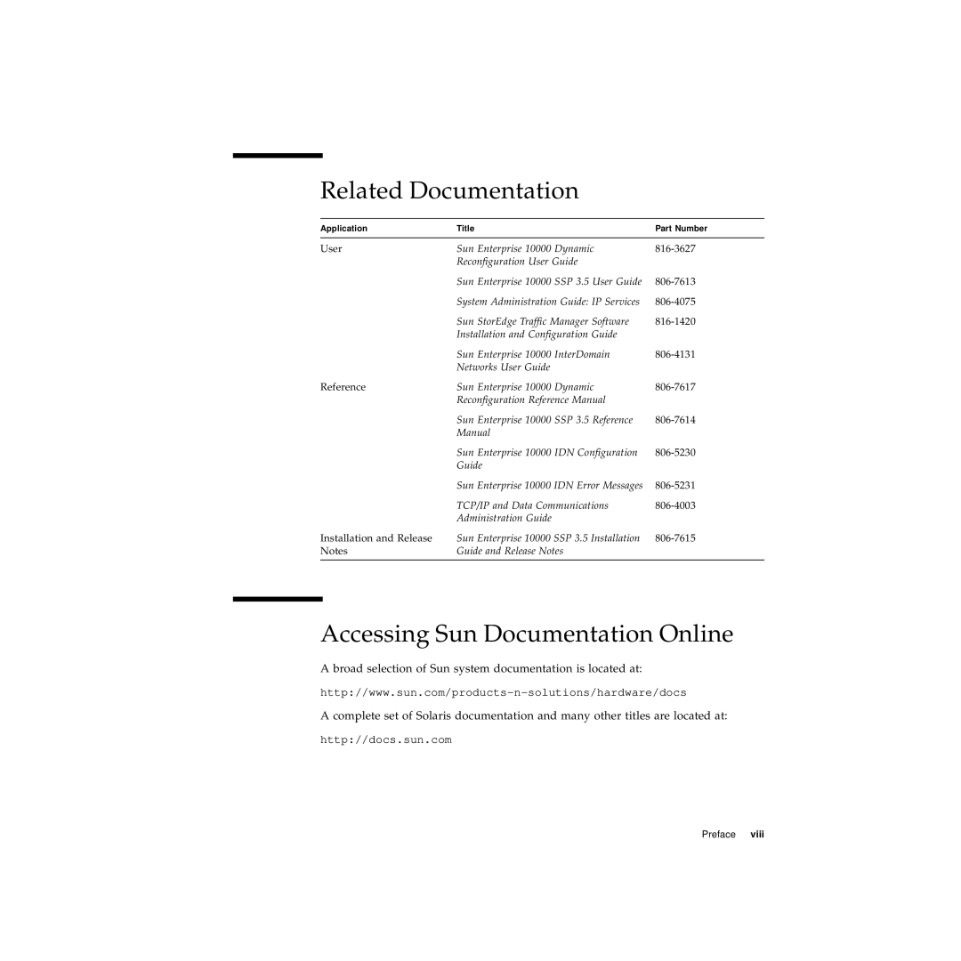 Sun Microsystems 10000 manual Related Documentation, Accessing Sun Documentation Online 