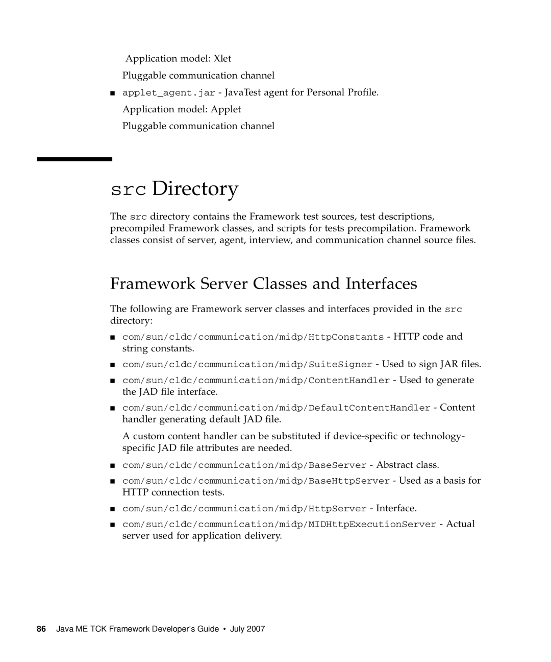 Sun Microsystems 1.2 manual Src Directory, Framework Server Classes and Interfaces 