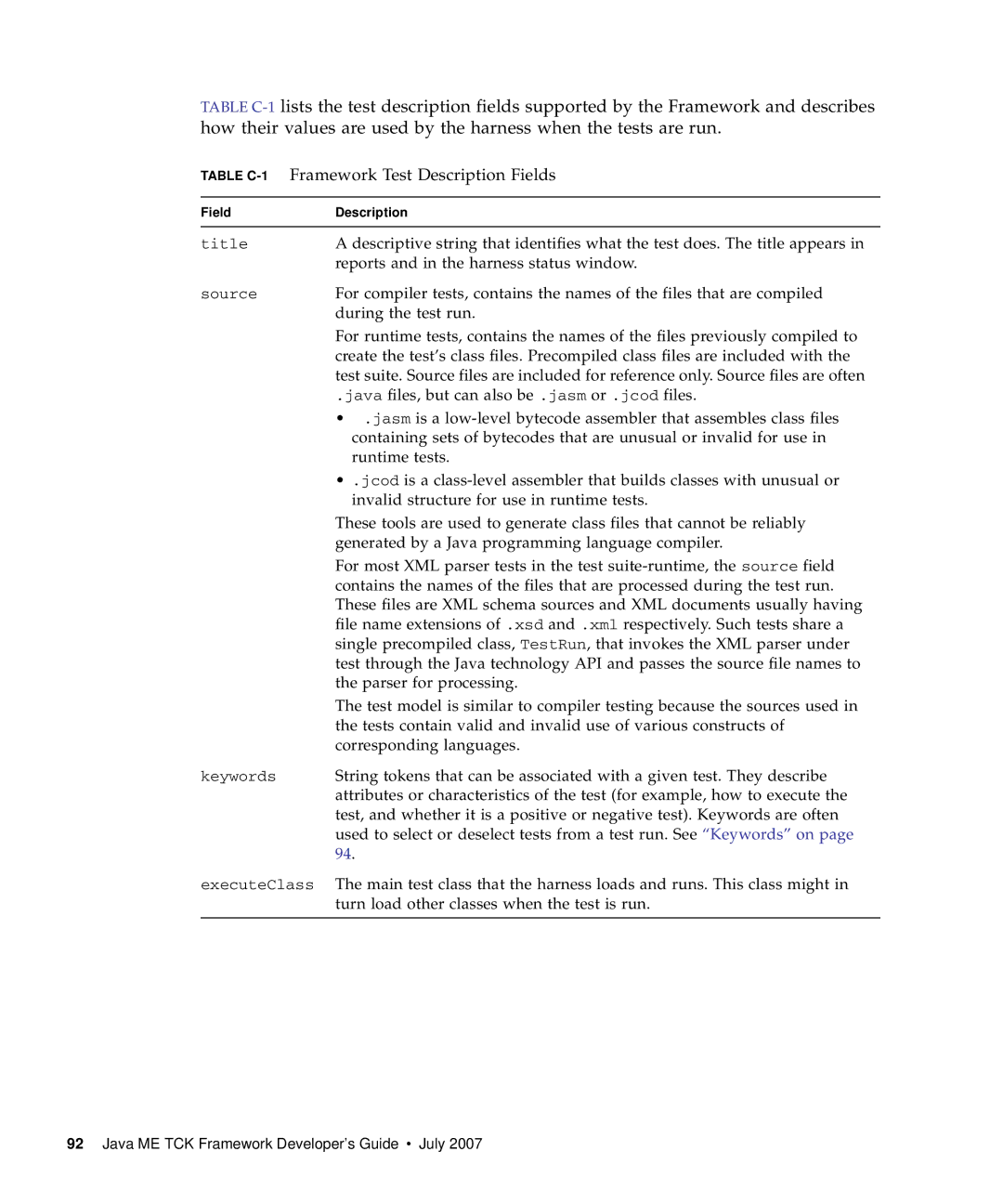 Sun Microsystems 1.2 manual Table C-1Framework Test Description Fields 