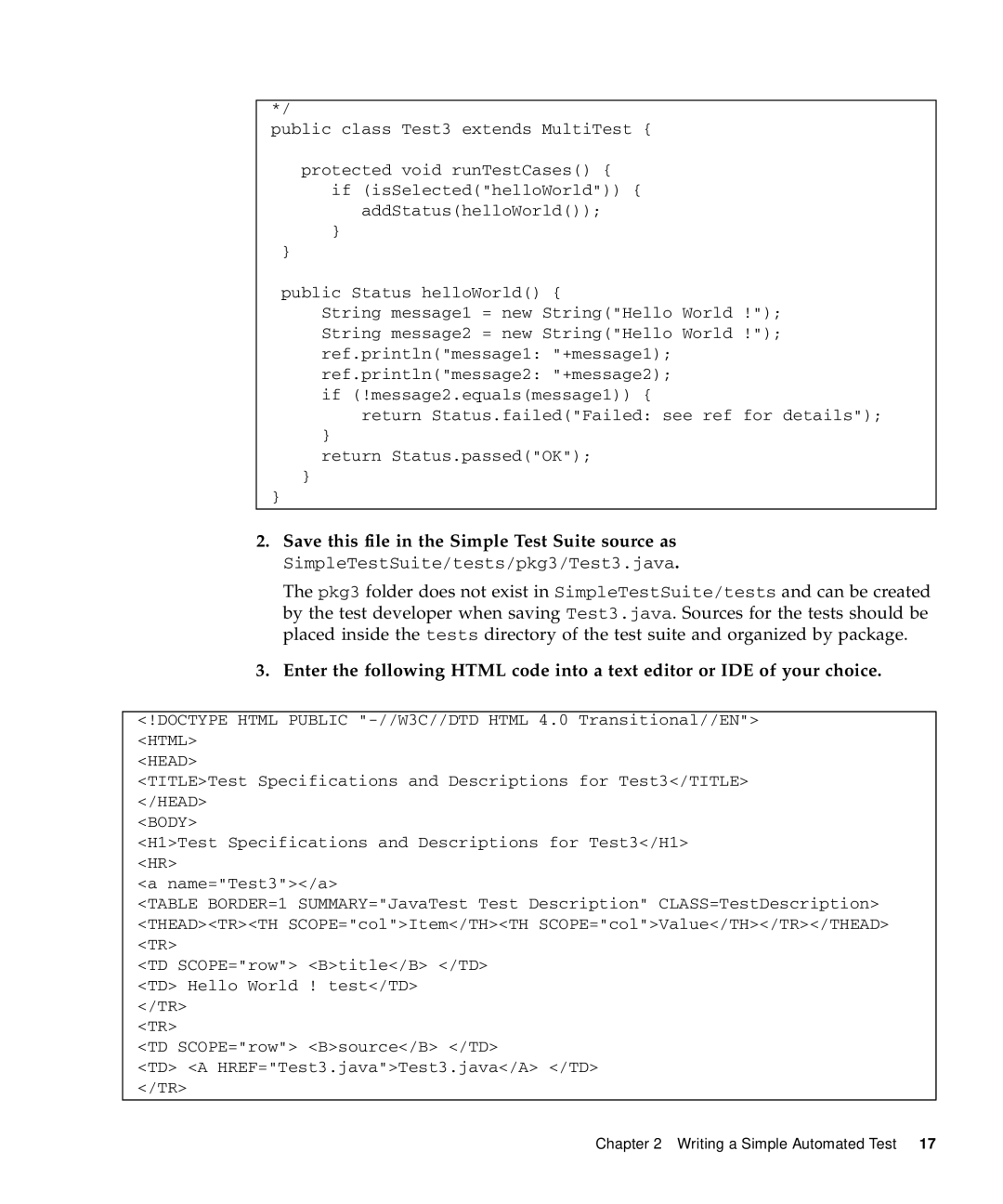 Sun Microsystems 1.2 manual Save this file in the Simple Test Suite source as, Body 