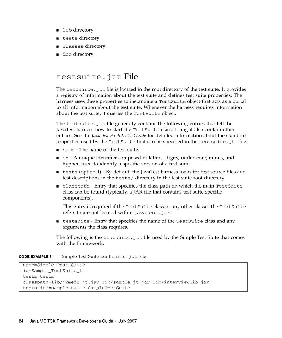 Sun Microsystems 1.2 manual Testsuite.jtt File, Code Example 3-1Simple Test Suite testsuite.jtt File 