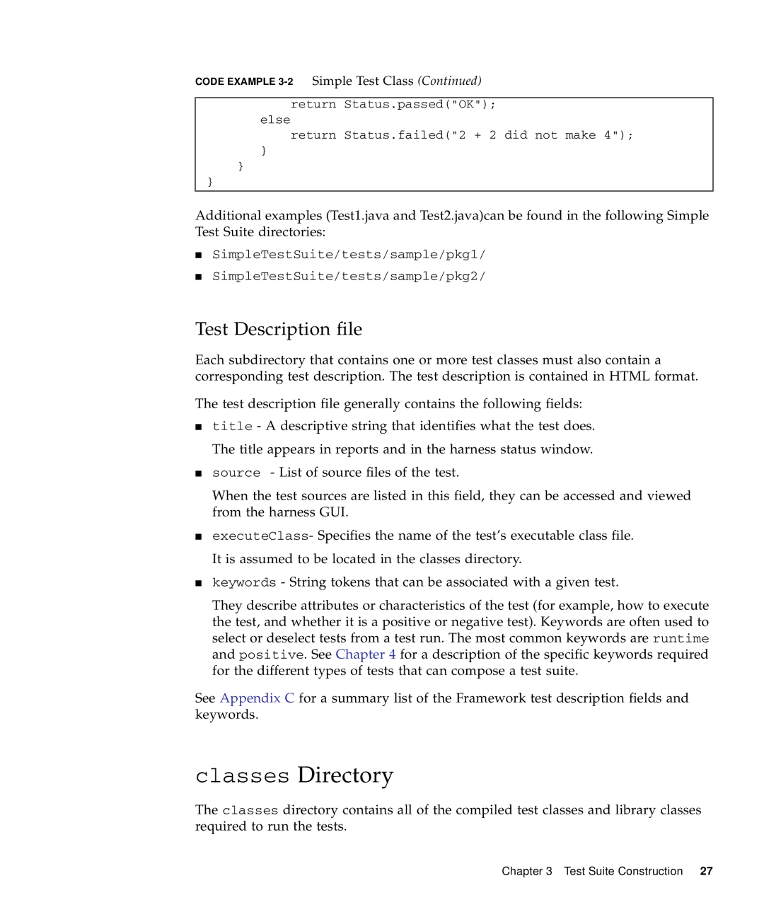 Sun Microsystems 1.2 manual Classes Directory, Test Description file, Code Example 3-2Simple Test Class 