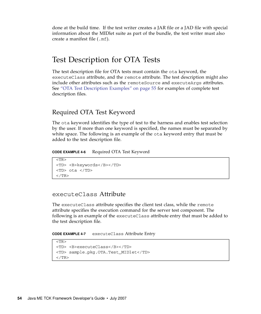 Sun Microsystems 1.2 manual Test Description for OTA Tests, Code Example 4-6Required OTA Test Keyword 