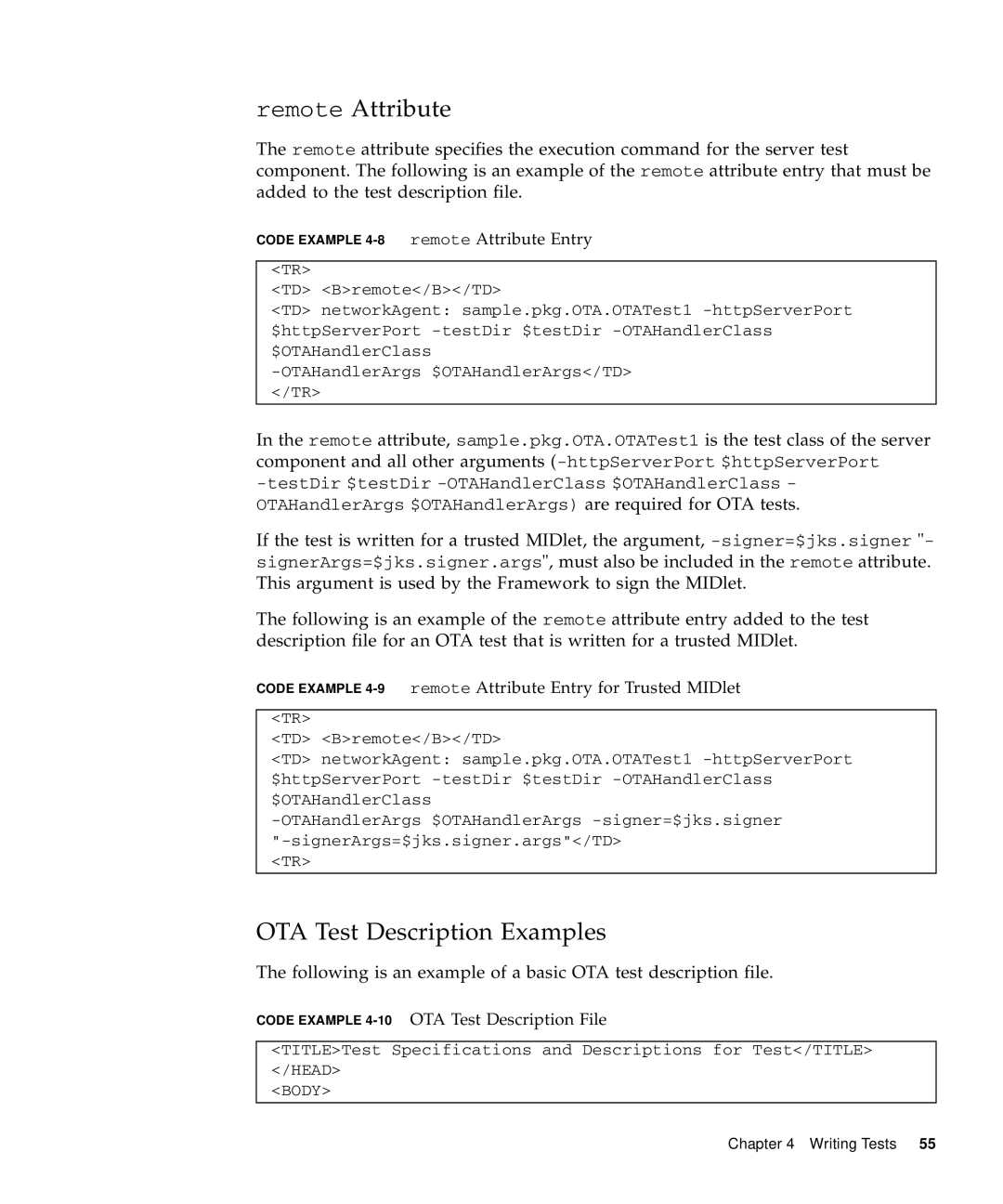 Sun Microsystems 1.2 manual OTA Test Description Examples, Code Example 4-9remote Attribute Entry for Trusted MIDlet 