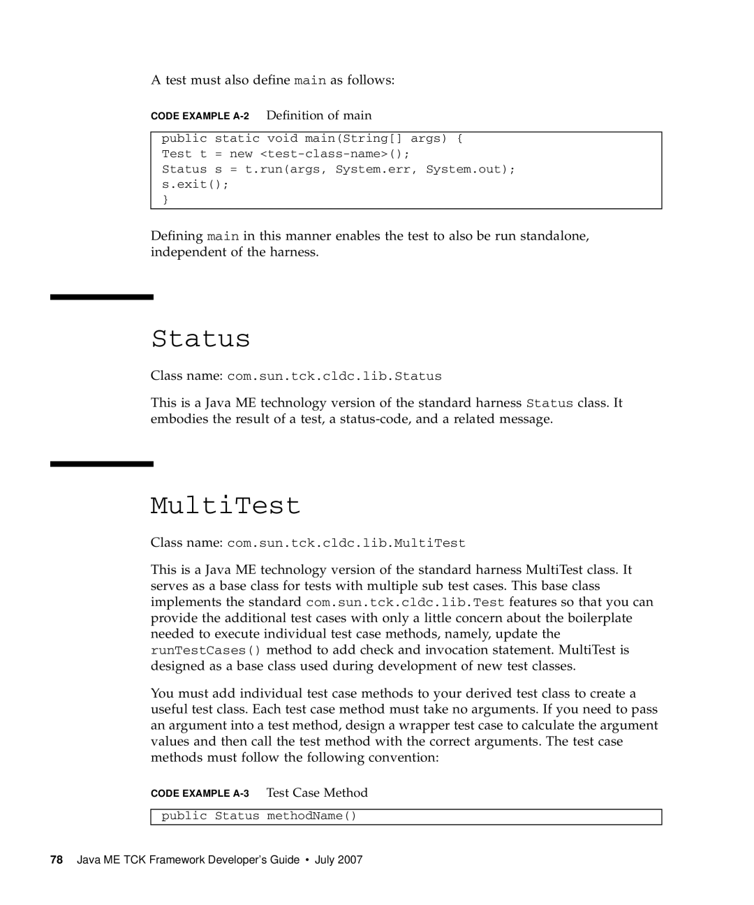 Sun Microsystems 1.2 manual Test must also define main as follows, Code Example A-2Definition of main 