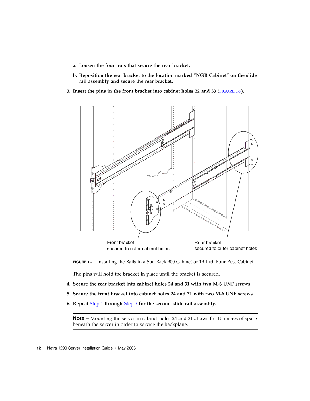 Sun Microsystems 1290 manual Front bracket Rear bracket Secured to outer cabinet holes 