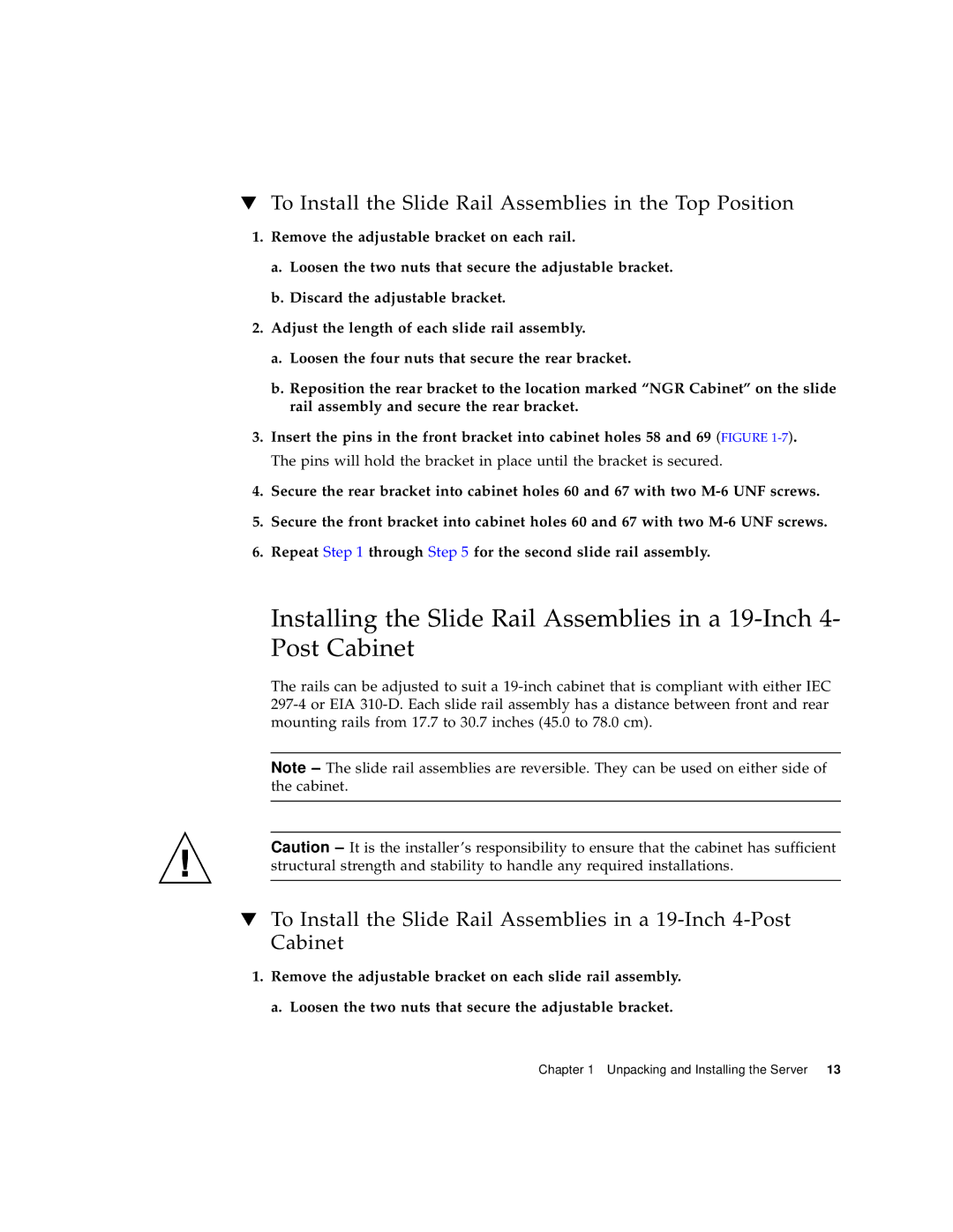 Sun Microsystems 1290 manual To Install the Slide Rail Assemblies in the Top Position 