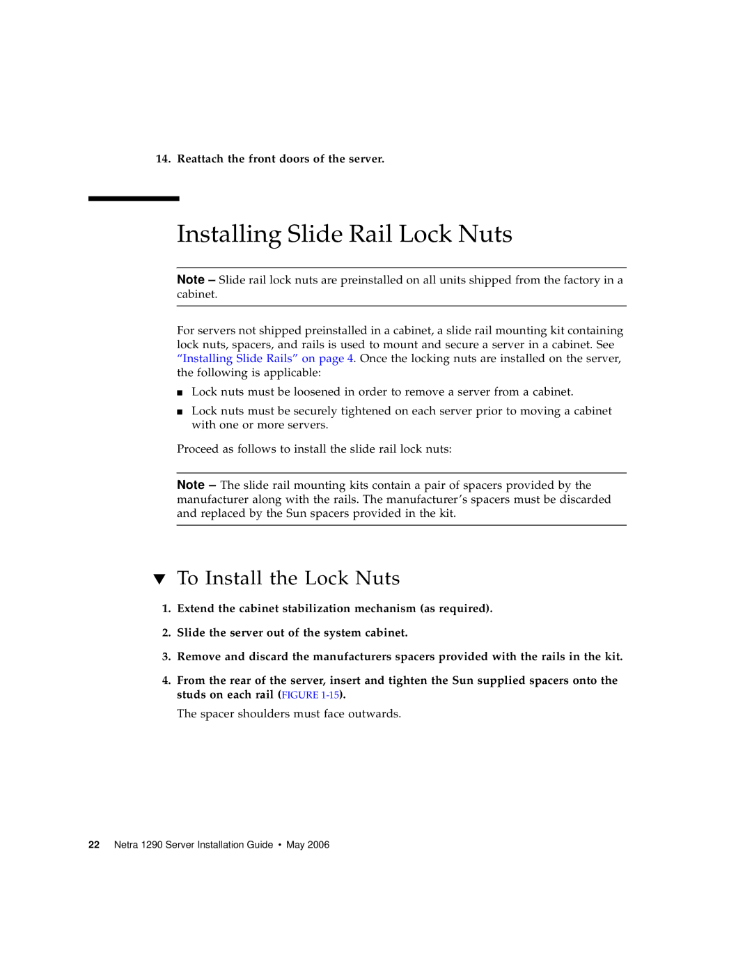Sun Microsystems 1290 Installing Slide Rail Lock Nuts, To Install the Lock Nuts, Reattach the front doors of the server 