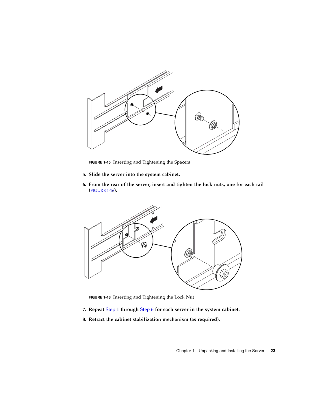 Sun Microsystems 1290 manual Slide the server into the system cabinet, 15Inserting and Tightening the Spacers 