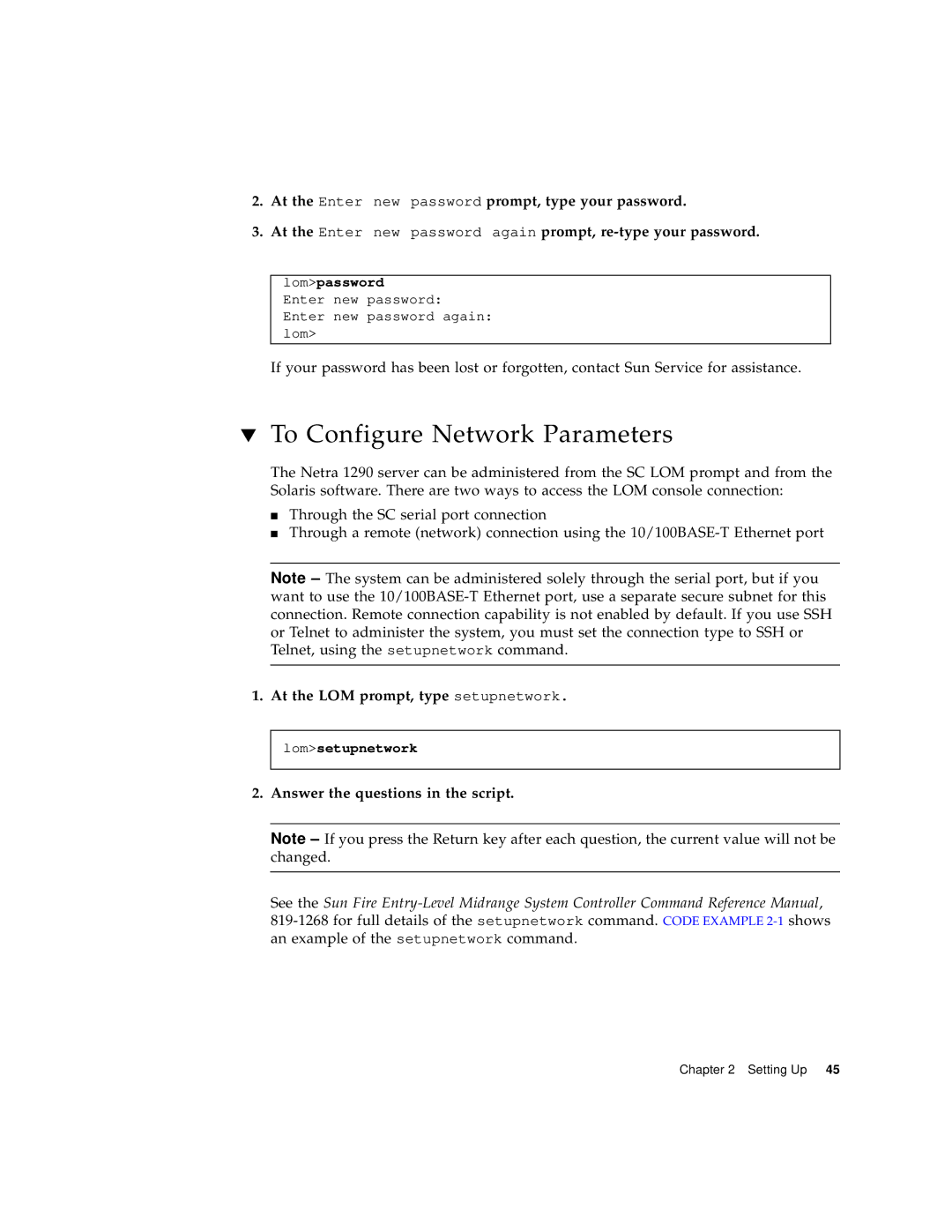 Sun Microsystems 1290 manual To Configure Network Parameters, At the LOM prompt, type setupnetwork 