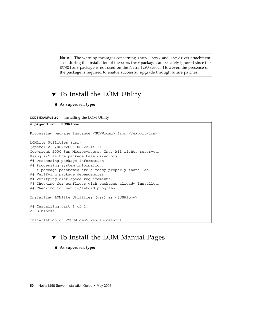 Sun Microsystems 1290 manual To Install the LOM Utility, To Install the LOM Manual Pages 