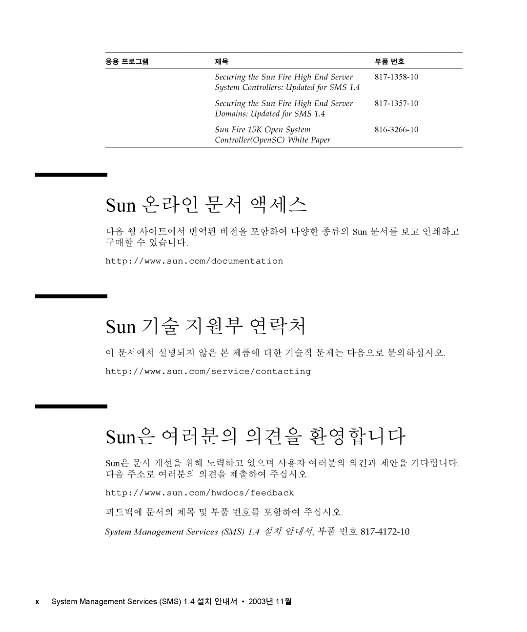 Sun Microsystems 1.4 manual Sun 온라인 문서 액세스, Sun 기술 지원부 연락처, Sun은 여러분의 의견을 환영합니다, 문서에서 설명되지 않은 본 제품에 대한 기술적 문제는 다음으로 문의하십시오 