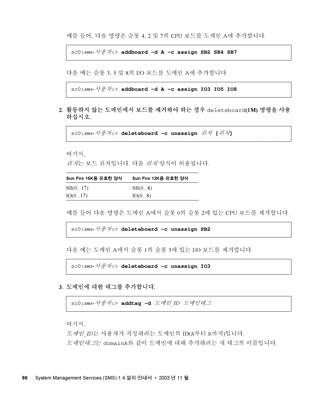 Sun Microsystems 1.4 manual 활동하지 않는 도메인에서 보드를 제거해야 하는 경우 deleteboard1M 명령을 사용 하십시오, 도메인에 대한 태그를 추가합니다 