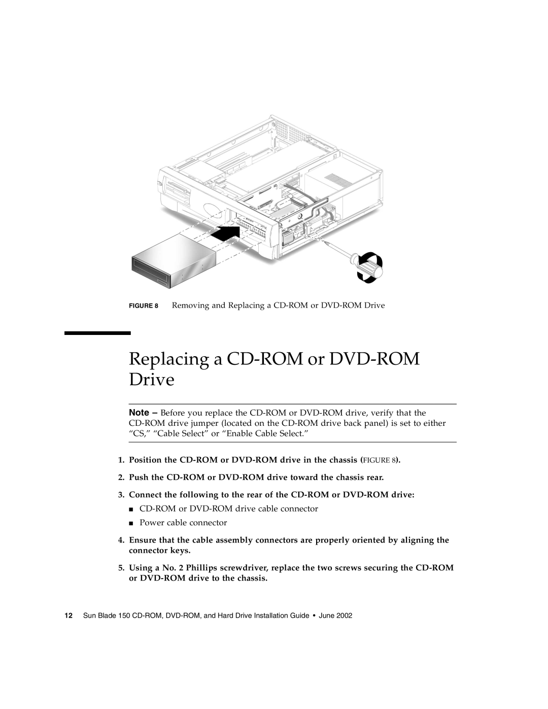 Sun Microsystems 150 manual Removing and Replacing a CD-ROM or DVD-ROM Drive 