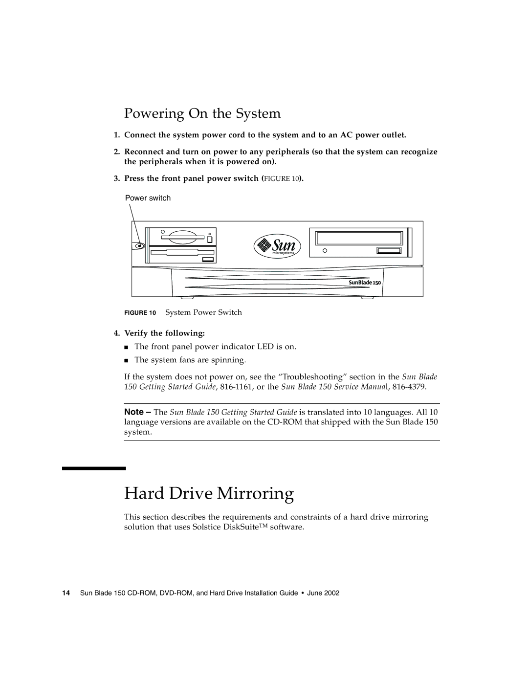 Sun Microsystems 150 manual Hard Drive Mirroring, Powering On the System 