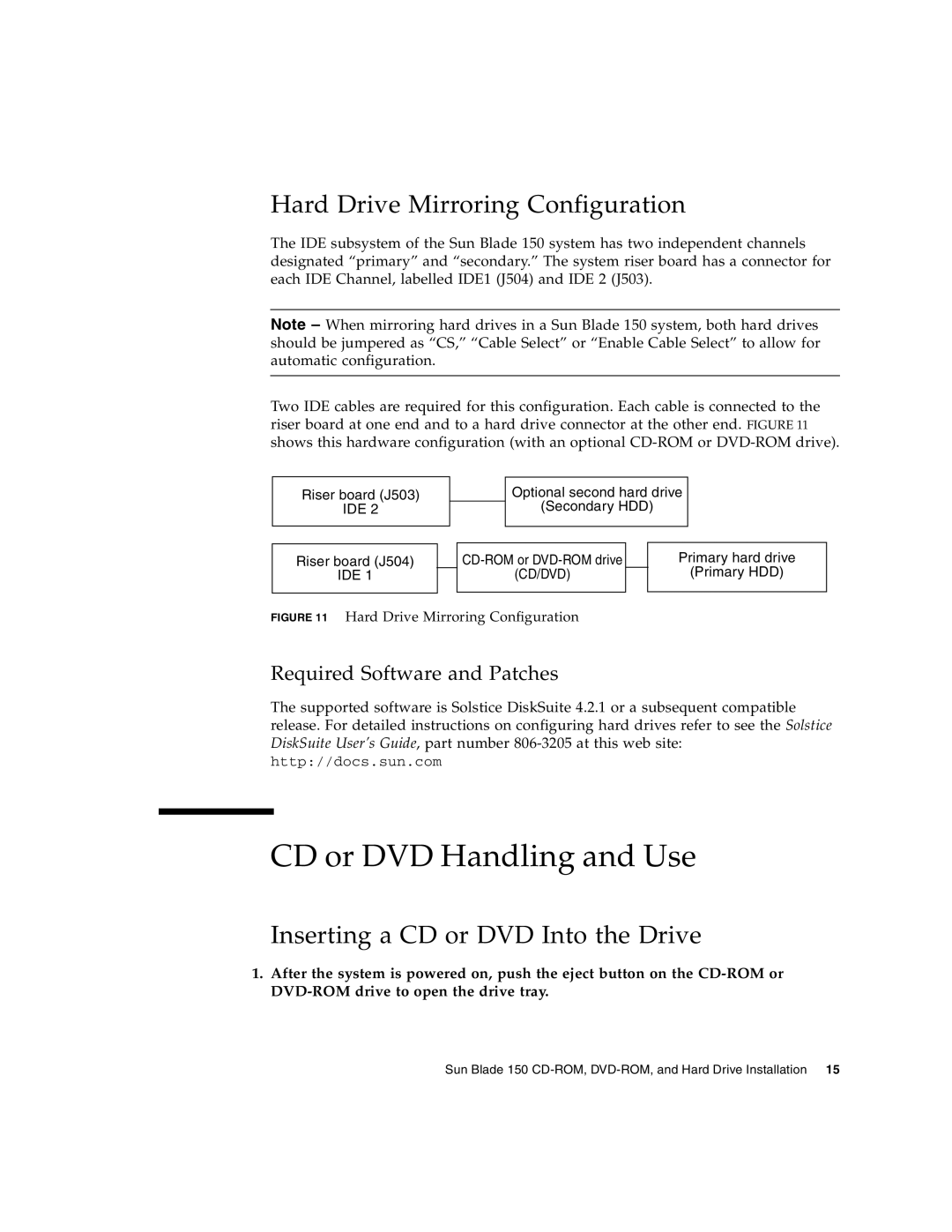 Sun Microsystems 150 CD or DVD Handling and Use, Hard Drive Mirroring Configuration, Inserting a CD or DVD Into the Drive 