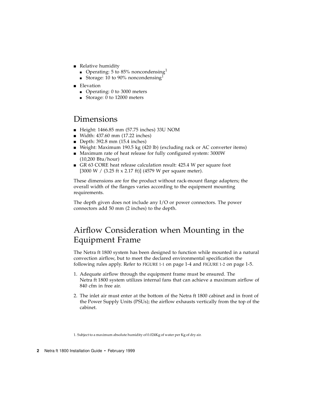 Sun Microsystems 1800 manual Dimensions, Airflow Consideration when Mounting in the Equipment Frame 