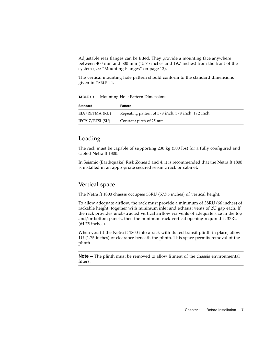 Sun Microsystems 1800 manual Loading, Vertical space, 1Mounting Hole Pattern Dimensions 