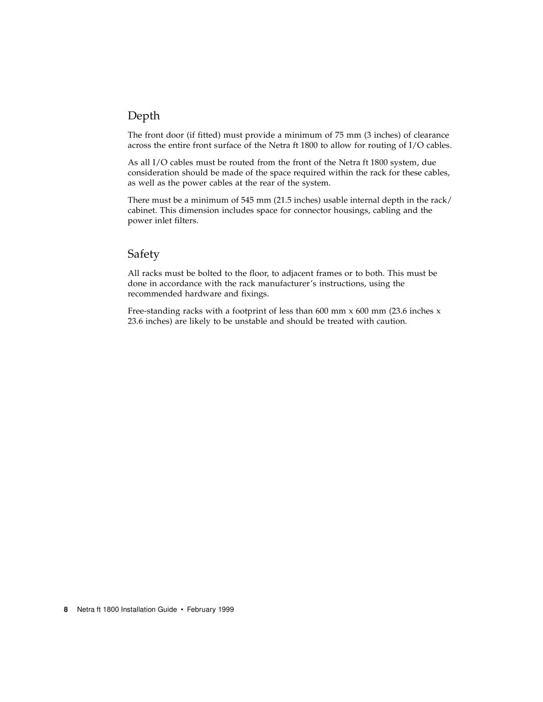 Sun Microsystems 1800 manual Depth, Safety 