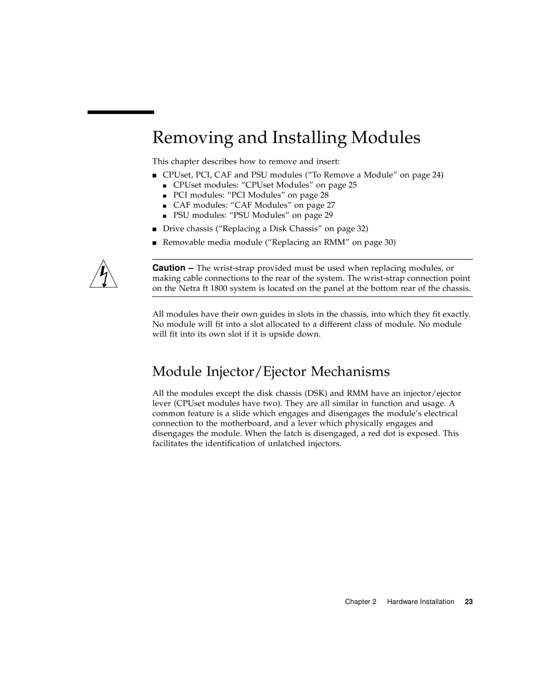 Sun Microsystems 1800 manual Removing and Installing Modules, Module Injector/Ejector Mechanisms 