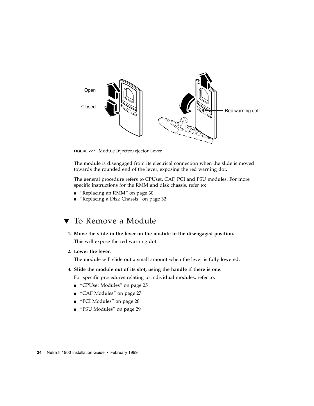 Sun Microsystems 1800 manual To Remove a Module, 11Module Injector/ejector Lever 