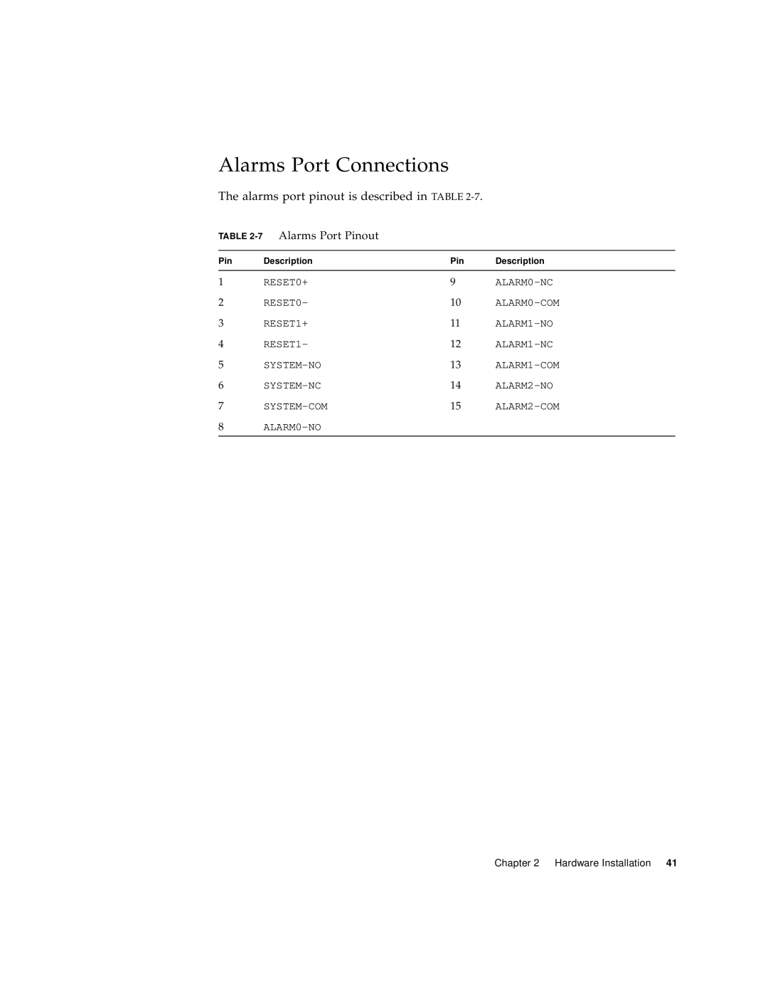 Sun Microsystems 1800 manual Alarms Port Connections, 7Alarms Port Pinout 