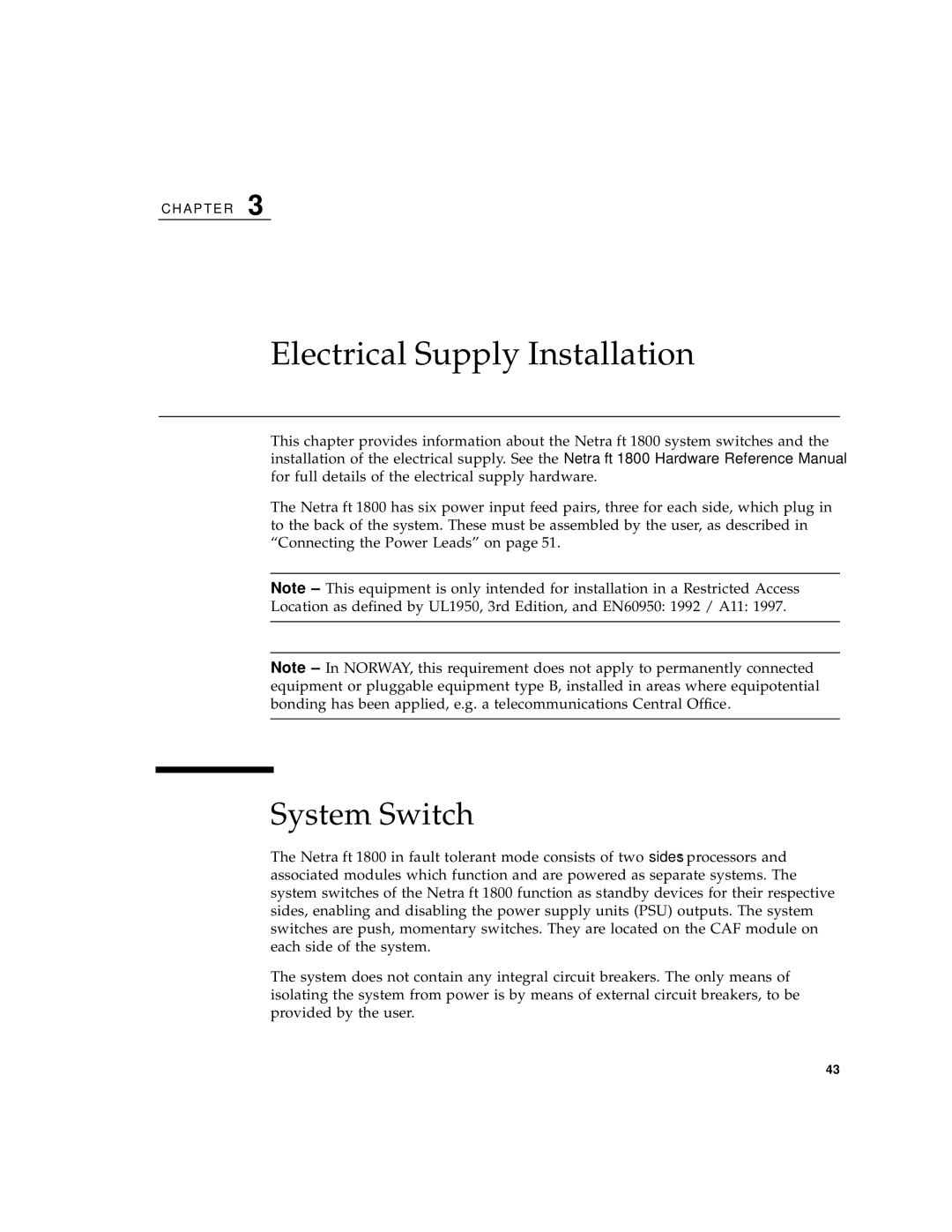 Sun Microsystems 1800 manual Electrical Supply Installation, System Switch 